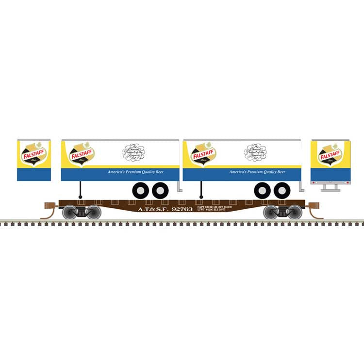 Atlas N 50' Piggyback Flatcar w/Two 24' Trailers - Ready to Run -- Santa Fe #92756 (Falstaff Trailers, white, blue, yellow, black, red)