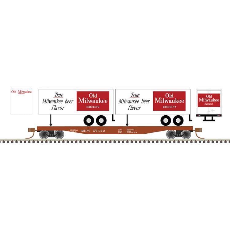 Atlas N 50' Piggyback Flatcar w/Two 24' Trailers - Ready to Run -- Milwaukee Road #57514 (Old Milwaukee Trailers, white, black, red)
