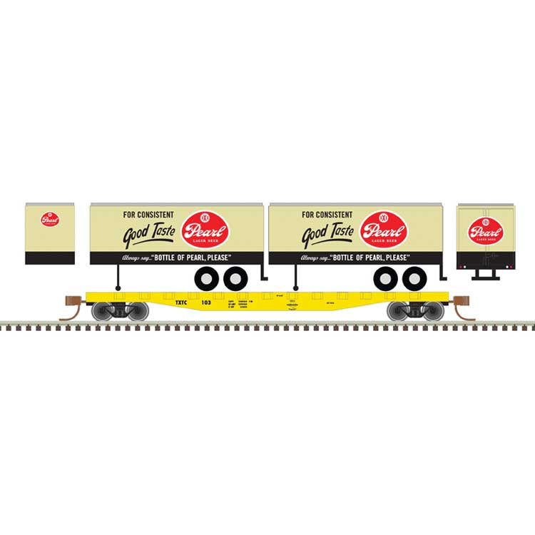Atlas N 50' Piggyback Flatcar w/Two 24' Trailers - Ready to Run -- Texas Transportation Co. #107 (Pearl Trailers, tan, black, red)