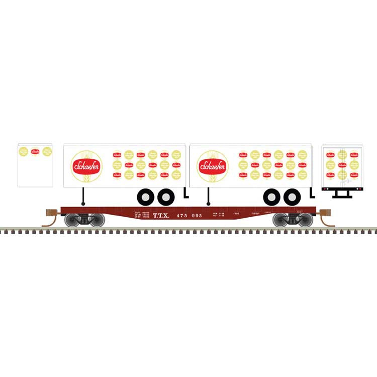 Atlas N 50' Piggyback Flatcar w/Two 24' Trailers - Ready to Run -- TTX #475095 (Schaefer Trailers, white, red, gold)