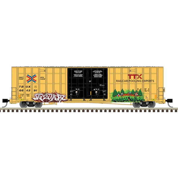 Atlas N Gunderson 7550 Double-Door Boxcar - Ready to Run -- TTX TBOX #664263 (yellow, black, red logo, Graffiti)