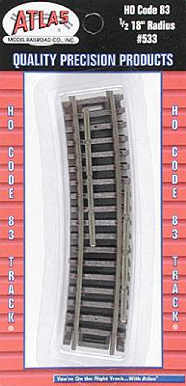 Atlas Code 83 Curved Snap Track -- 1/2 Section - 18" Radius pkg(4) - ATL533