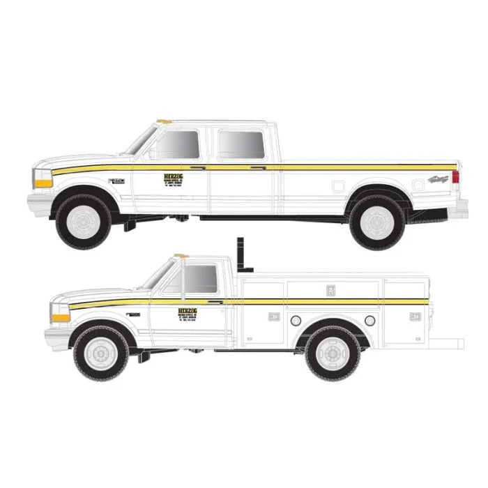 Atlas N 1990s Ford(R) F-250 - F-350 Standard Cab Pickup Set - Assembled -- Herzog (white, yellow)