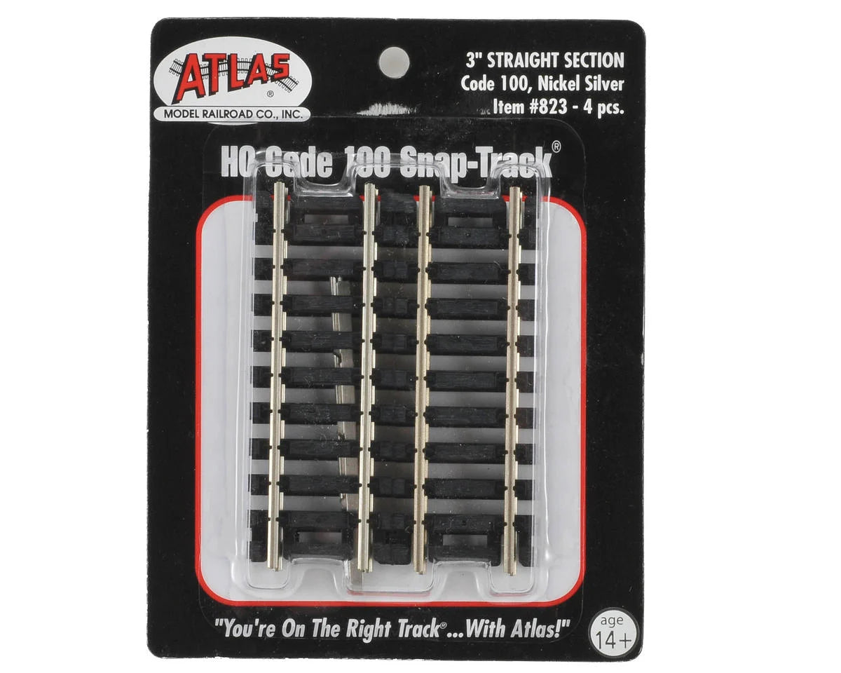 Atlas Straight Snap-Track(R) Nickel-Silver Rail -- 3" 7.6cm (Black Ties) pkg(4) - ATL823