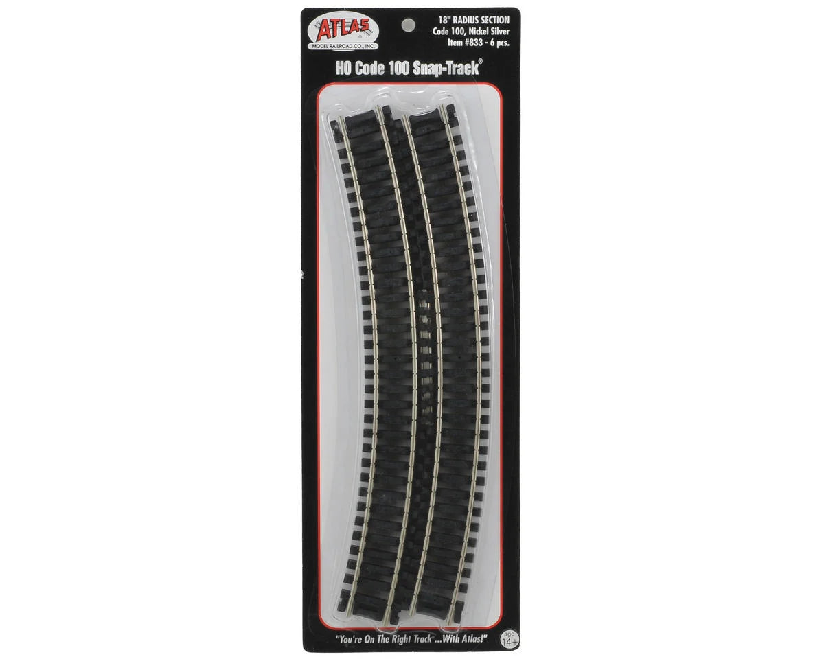 Atlas Code 100 Curved Snap-Track(R) Nickel-Silver Rail -- 18" Radius (Black Ties) pkg(6) - ATL833