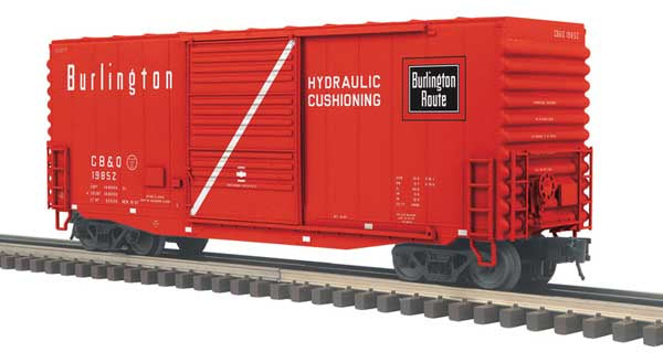 Atlas O 40' Hy-Cube Boxcar - 3-Rail - Ready to Run - Trainman(TM) -- Chicago, Burlington & Quincy (red, white, black) #19858