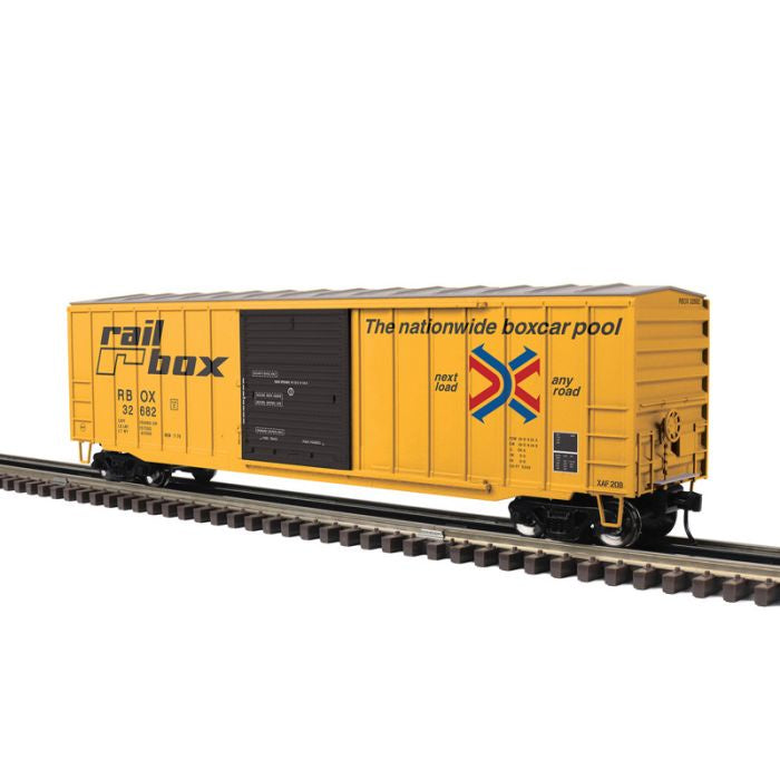 Atlas O ACF 50'6" Boxcar - 3-Rail - Ready to Run - Trainman(R) -- Railbox (yellow, black, Large Logo) #32745