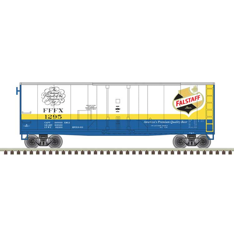 Atlas O 40' Plug-Door Boxcar - 3-Rail - Ready to Run -- Falstaff (white, blue, yellow) #1237