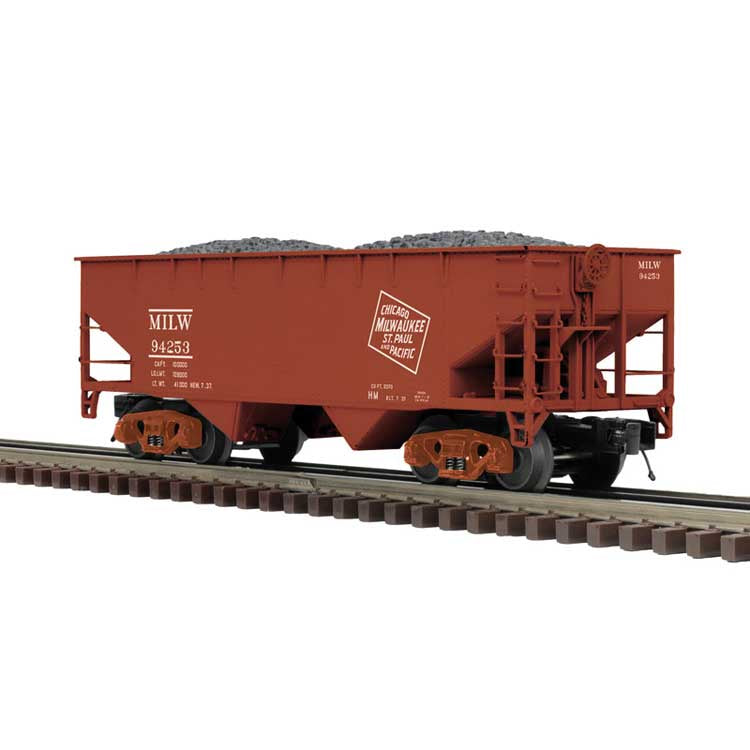 Atlas O Offset-Side 2-Bay Hopper - 3-Rail - Ready to Run - Premier -- Milwaukee Road (Boxcar Red, CMStP&P Logo) #94537