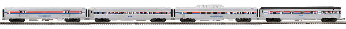 Atlas O 70' Baggage, Coach, Dome, Observation Set - 3-Rail - Premier -- Amtrak #1007, 4822, 9401, 3342 (Phase I, silver, red, blue)