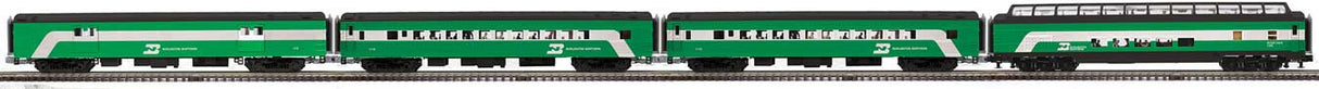 Atlas O 70' Baggage, 2 Coaches, Full Dome Set - 3-Rail - Premier -- Burlington Northern #676, 1116, 1139, 1395 River View (green, white)