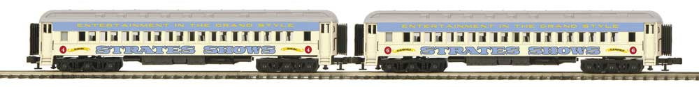 Atlas O Madison Heavyweight Coach 2-Pack - 3-Rail - Ready to Run -- Strates Shows Blue Train #4 Dunkirk, 6 Clearfield (yellow, blue)