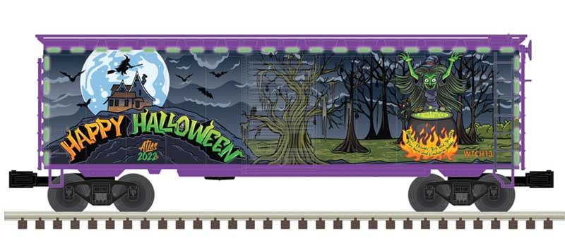 Atlas O O 40' PS-1 Boxcar with Lights - 3-Rail - Ready to Run - Premier(R) -- Halloween WTCH #2022 (Halloween Witch Graphics) - ATO3001852