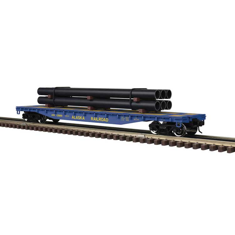 Atlas O 52'6" Flatcar w/Pipe Load - 3-Rail - Ready to Run - Trainman(R) -- Alaska Railroad (blue, yellow) #12892