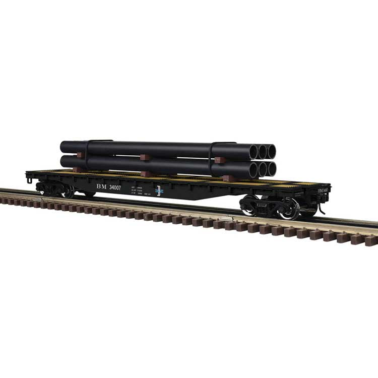 Atlas O 52'6" Flatcar w/Pipe Load - 3-Rail - Ready to Run - Trainman(R) -- Boston & Maine (black, white, blue) #34007