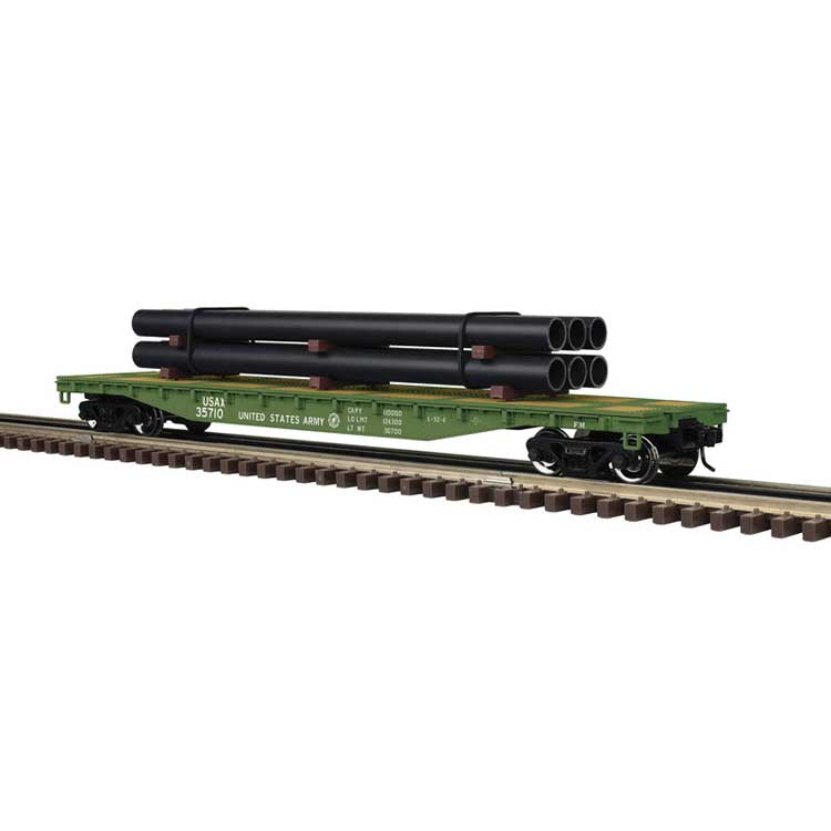 Atlas O 52'6" Flatcar w/Pipe Load - 3-Rail - Ready to Run - Trainman(R) -- US Army Transportation Corps USAX (green) #35716