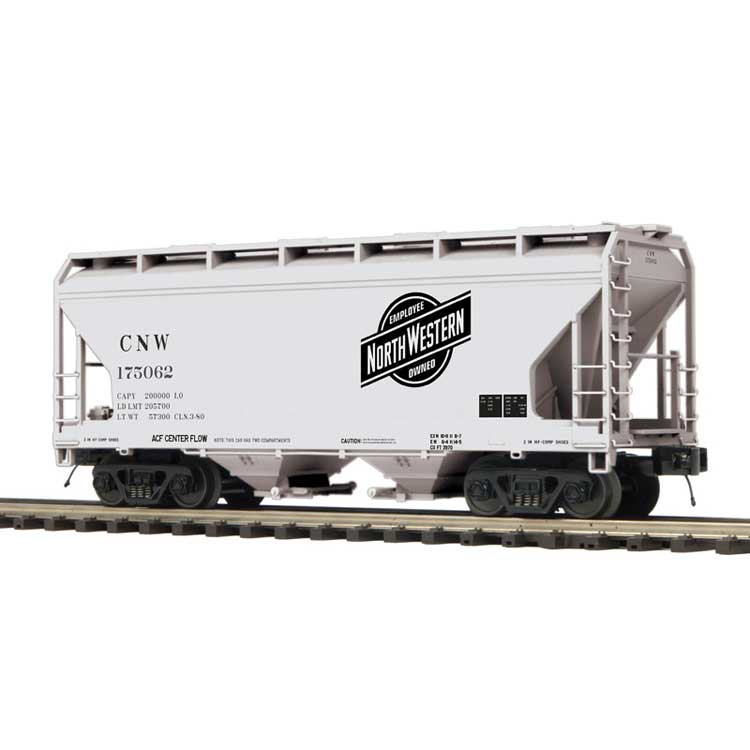Atlas O 2-Bay Centerflow Covered Hopper 3-Pack - 3-Rail - Premier -- Chicago & North Western (1 Each: yellow, green, gray) #175017, 175025, 175062
