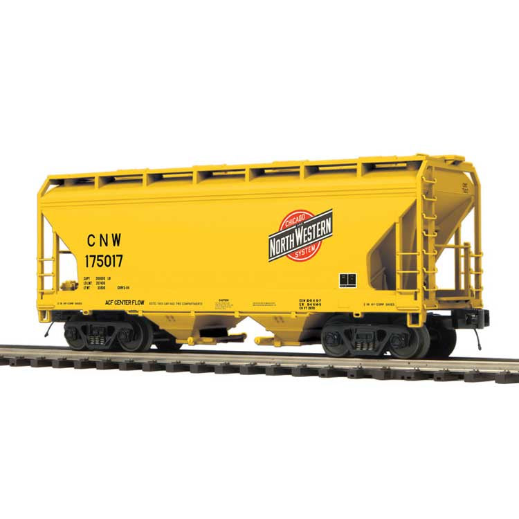 Atlas O 2-Bay Centerflow Covered Hopper 3-Pack - 3-Rail - Premier -- Chicago & North Western (1 Each: yellow, green, gray) #175017, 175025, 175062