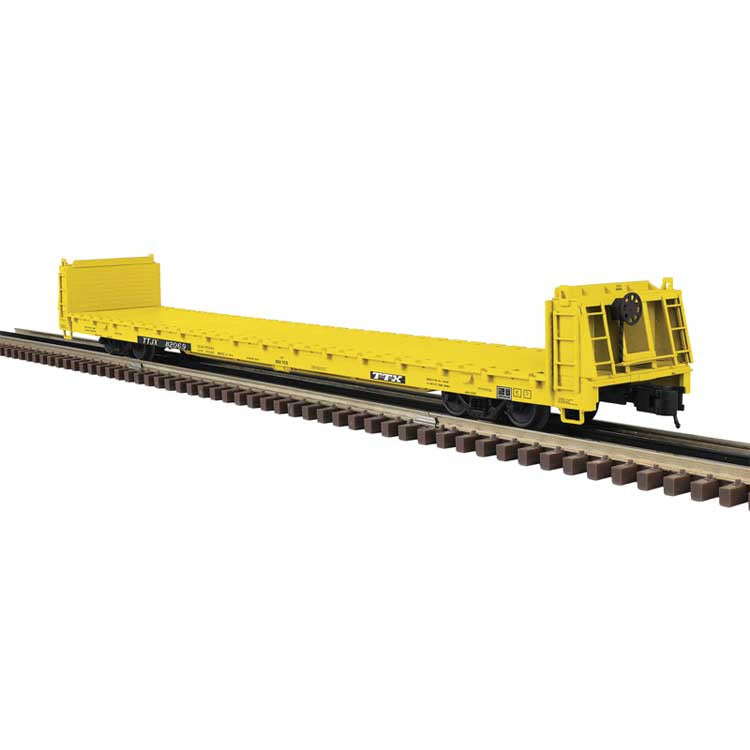 Atlas O 62' Short Bulkhead Flatcar - 3-Rail - Ready to Run - Trainman(R) -- Trailer-Train TTJX (yellow, black) #82069