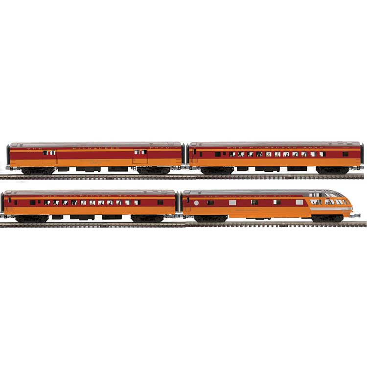 Atlas O 70' Streamlined Baggage, 2 Coaches, Skytop Obs - 3-Rail - Ready to Run -- Milwaukee Road #1331, 483, 511, Dell Rapids (orange, maroon)