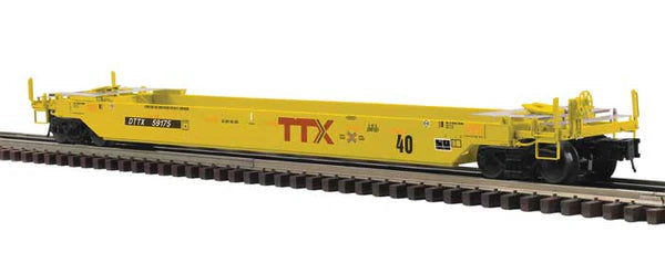 40' Rebuilt Well Car - 3-Rail - Ready to Run - Premier -- TTX DTTX (yellow, red, Next Load Any Road Logo) #59175