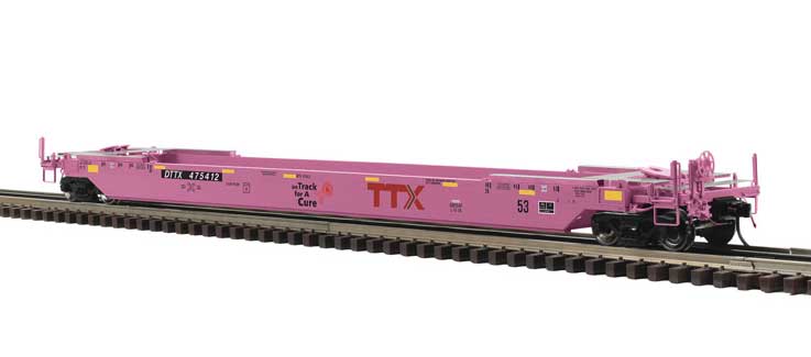 53' Rebuilt Well Car - 3-Rail - Ready to Run - Premier -- TTX DTTX #475412 (pink, Breast Cancer Awareness)