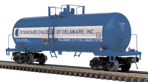 40' Modern Tank Car - 3-Rail - Ready to Run - Premier -- Standard Chlorine of Delaware (blue, white) #85086