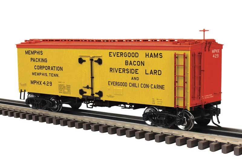 Atlas O 36' Wood Refrigerator Car - 3-Rail - Ready to Run - Master -- Memphis Packing Corporation (yellow, red, black) #430 - ATO30030402