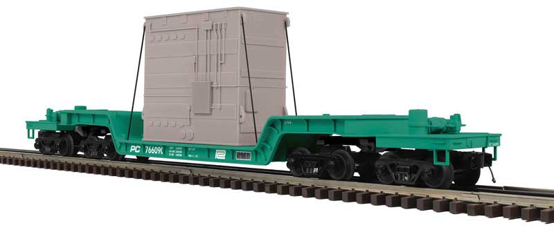Atlas O 75' Depressed-Center Flatcar w/Transformer - 3-Rail - Ready to Run - Premier -- Penn Central (Jade Green, white) #766090