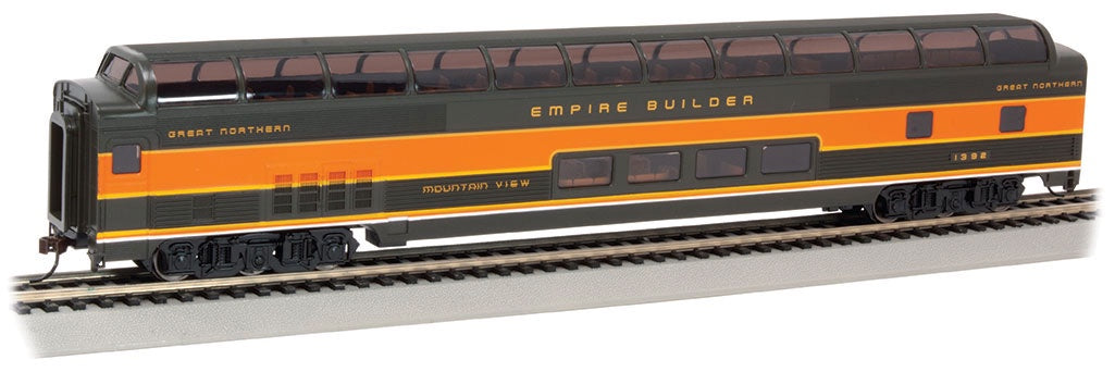 Bachmann HO Budd 85' Full-Length Dome with Lights - Ready-to-Run - Silver Series(R) -- Great Northern #1392 "Mountain View" (Empire Builder; green, Omaha Orange)