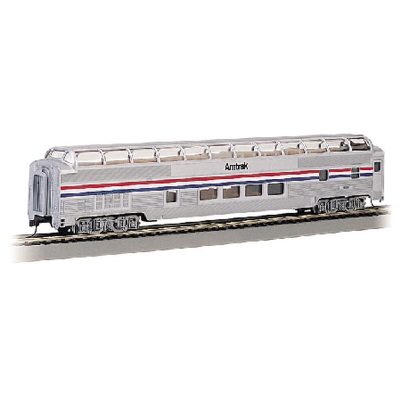 Bachmann HO Budd 85' Full-Length Dome w/Lights - Ready to Run - Silver Series(R) -- Amtrak (Phase III, Equal red & blue Stripes)