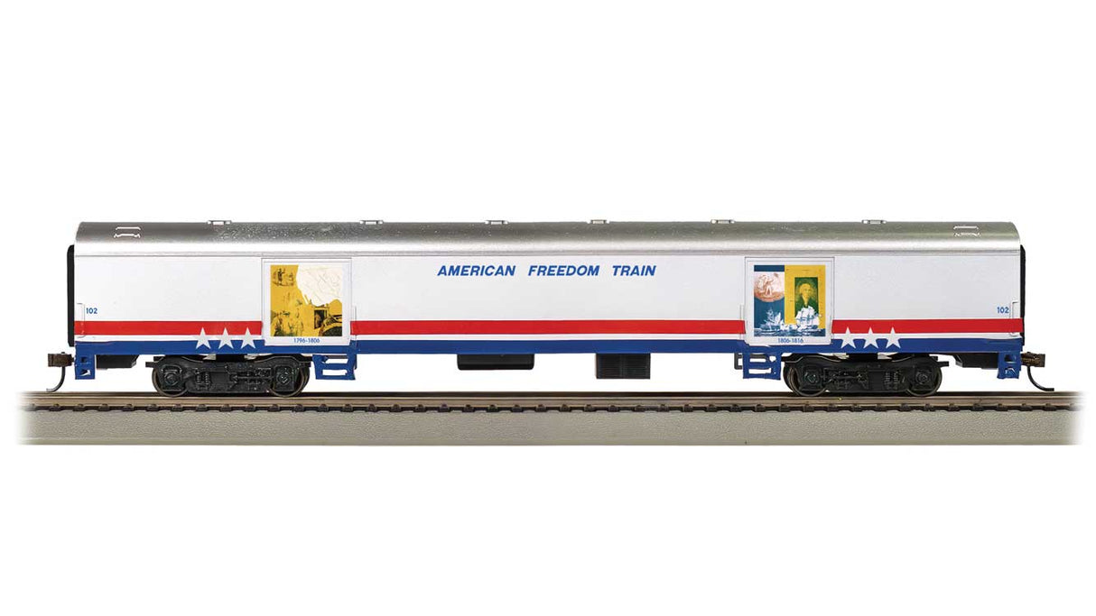 Bachmann HO 72' Exhibit (Converted Baggage) Car - Ready to Run -- American Freedom Train #102 (white, silver, red, blue)