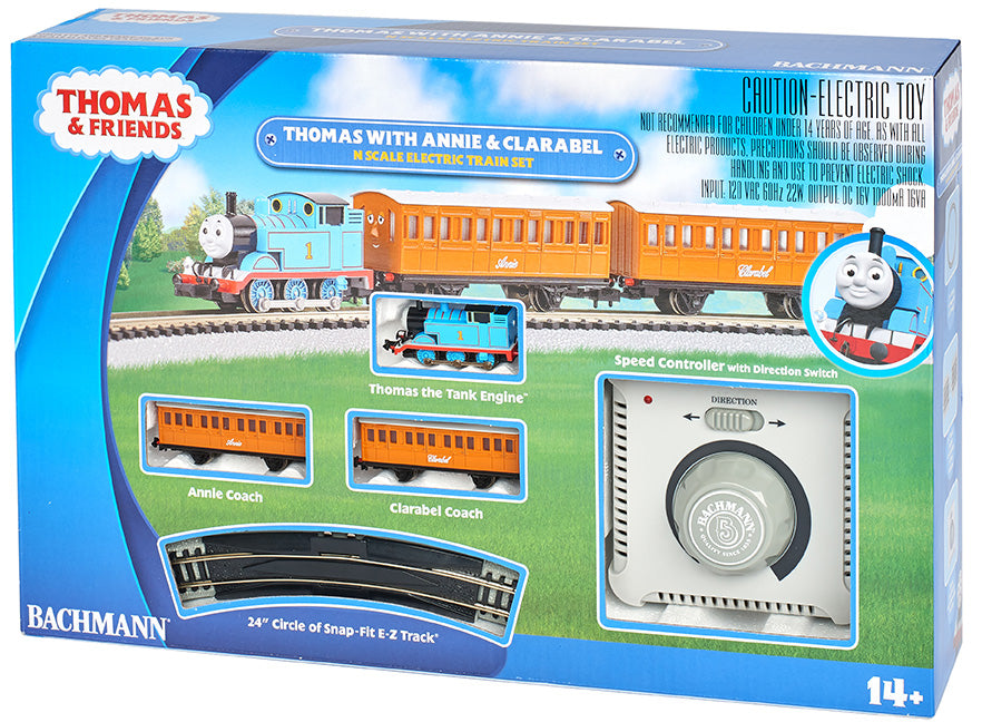 Bachmann Trains Thomas with Annie and Clarabel Train Set - Standard DC - Thomas and Friends(TM -- Thomas the Tank Engine, 2 Cars, E-Z Track Circle, Controller and Instructions - BAC24028