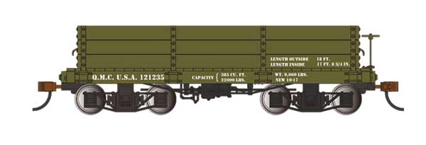Bachmann Trains 18' Wood Low-Side Gondola 2-Pack - Spectrum(R) -- US Quartermaster O.M.C.U.S.A #121235, 122105 (green) - BAC26534