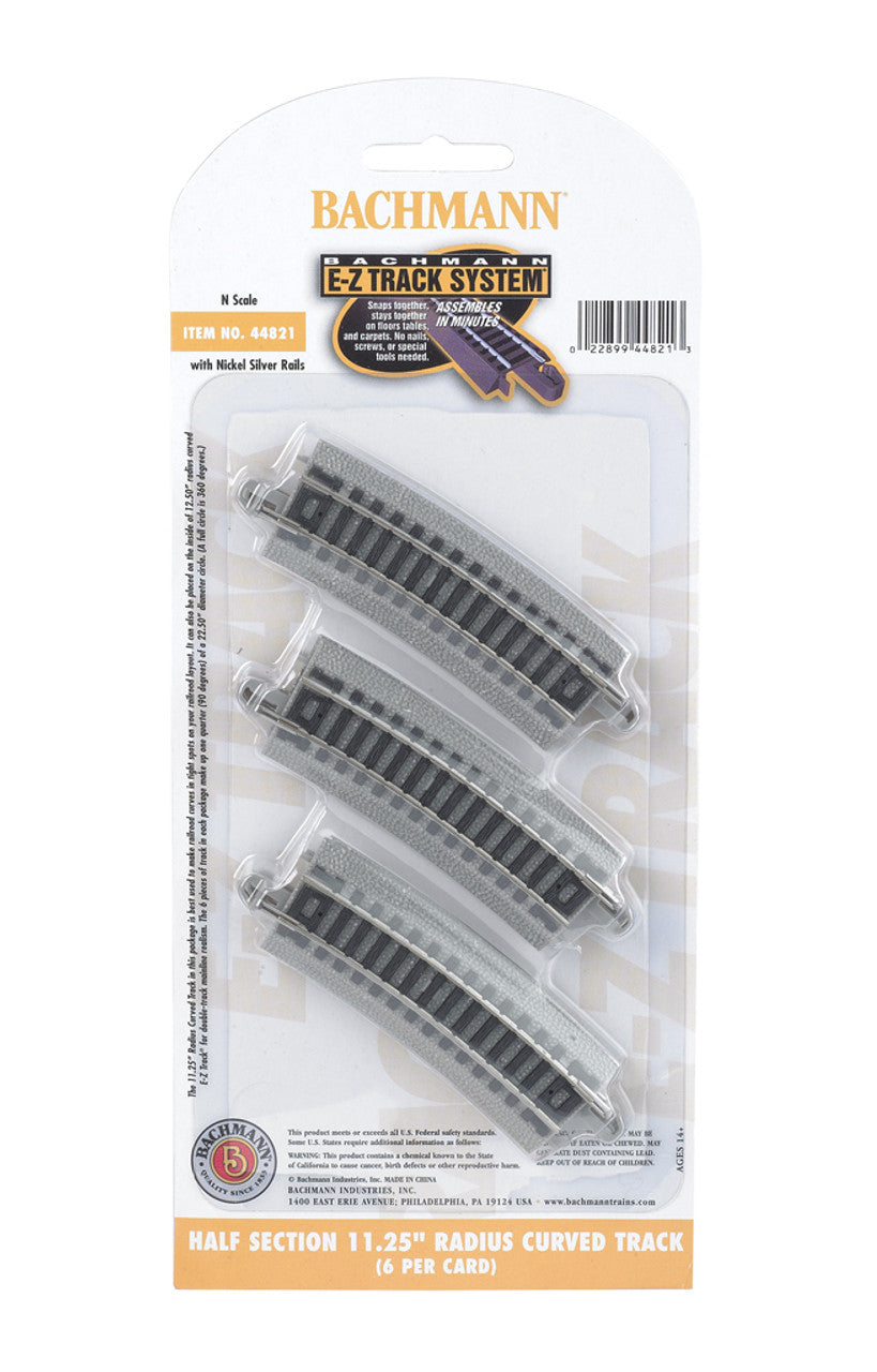 Bachmann Trains N Curved Track w/Nickel Silver Rail & Gray Roadbed - E-Z Track(R) -- 11-1/4" Radius Half Section pkg(6) - BAC44821