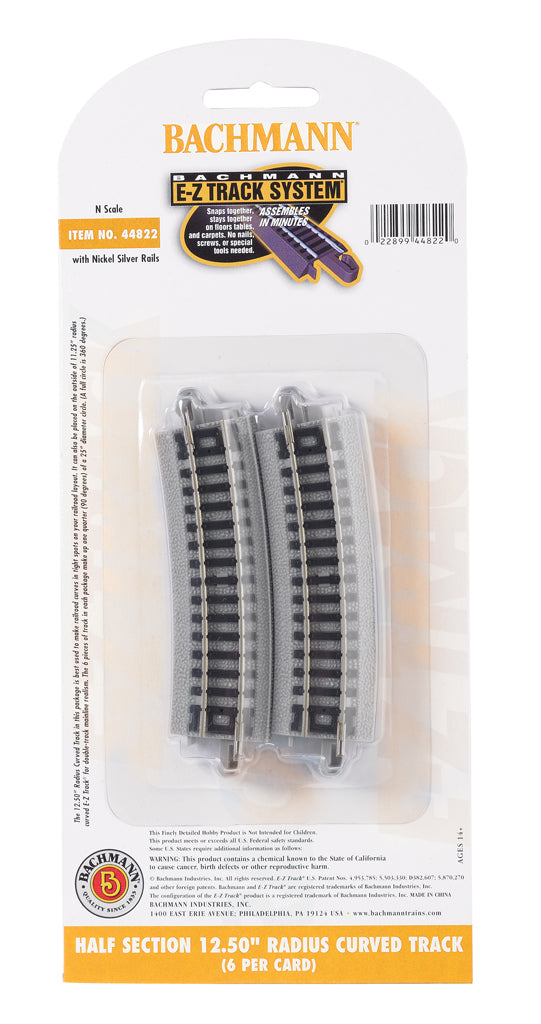 Bachmann Trains N Curved Track w/Nickel Silver Rail & Gray Roadbed - E-Z Track(R) -- 12-1/2" Radius Half Section pkg(6) - BAC44822
