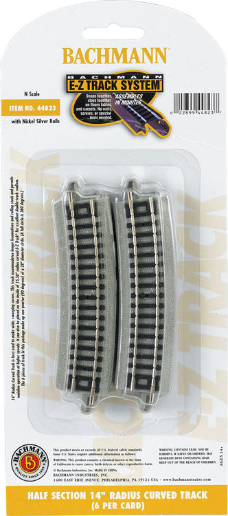 Bachmann Trains N Curved Track w/Nickel Silver Rail & Gray Roadbed - E-Z Track(R) -- 14" Radius Half Section pkg(6) - BAC44823