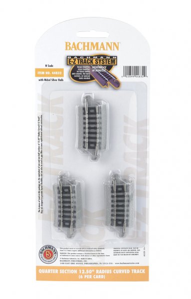Bachmann Trains N Curved Track w/Nickel Silver Rail & Gray Roadbed - E-Z Track(R) -- 12-1/2" Radius Quarter Section pkg(6) - BAC44832