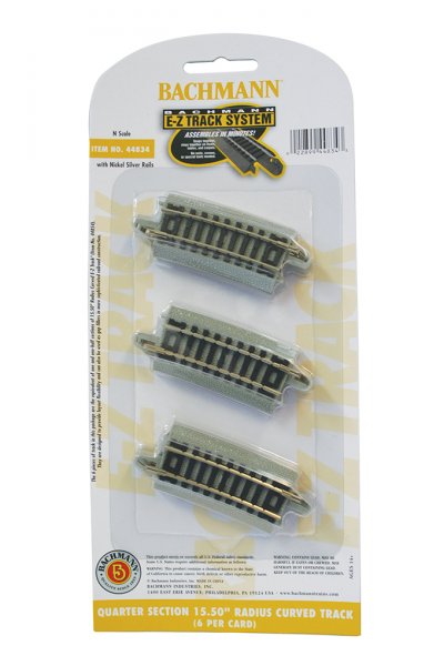 Bachmann Trains Curved Track w/Nickel Silver Rail & Gray Roadbed - E-Z Track(R) -- 15-1/2" Radius Quarter Section pkg(6) - BAC44834