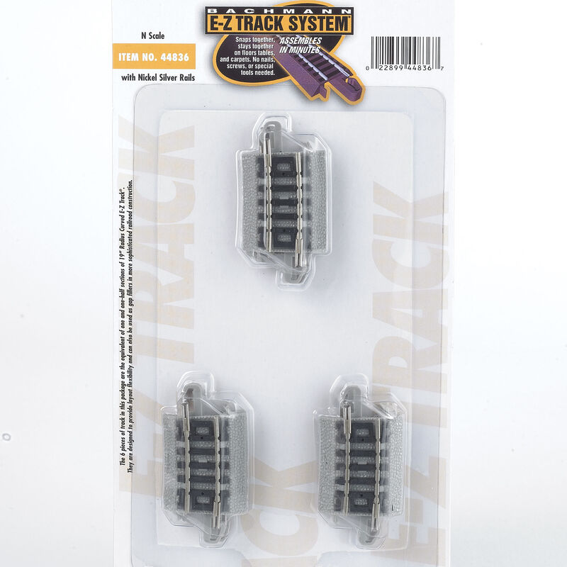 Bachmann Trains N Curved Track w/Nickel Silver Rail & Gray Roadbed - E-Z Track(R) -- 19" Radius Quarter Section pkg(6) - BAC44836