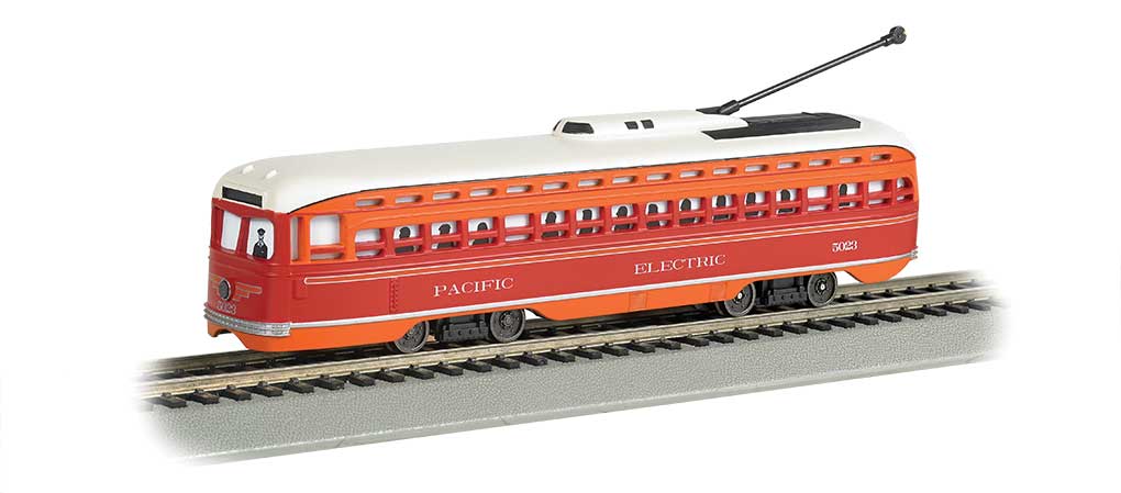 Bachmann Trains PCC Streetcar w/DCC, Sound & Sparking Trolley Pole -- Pacific Electric (red, orange) - BAC60502