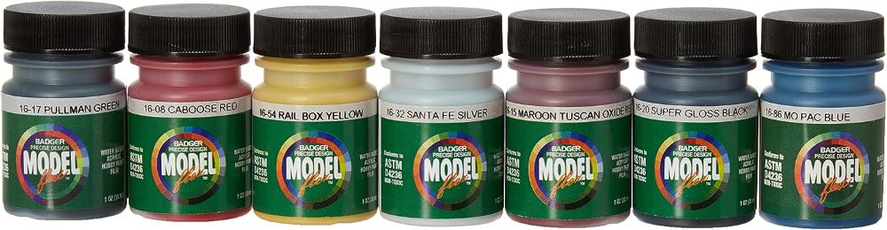 Badger Airbrush Railroad Private Car Colors (Caboose Red, Rail Box Yellow, Mo Pac Blue, Pullman Green, Super Gloss Black, Maroon Tuscan Red, Santa-Fe Silver) - BAD1703