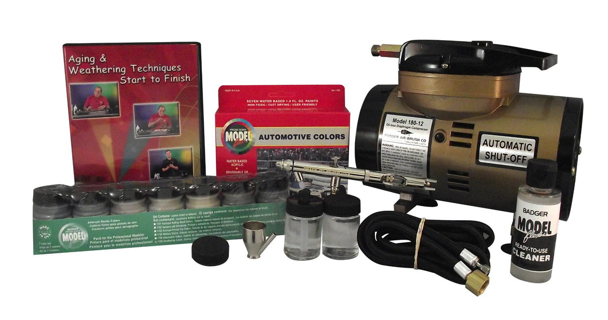 Badger Airbrush Hobby (Advanced Set) 155 Airbrush, 180-15 Comp., Hose, 2 Paint Sets, Cleaner and DVD - BAD314HAWC