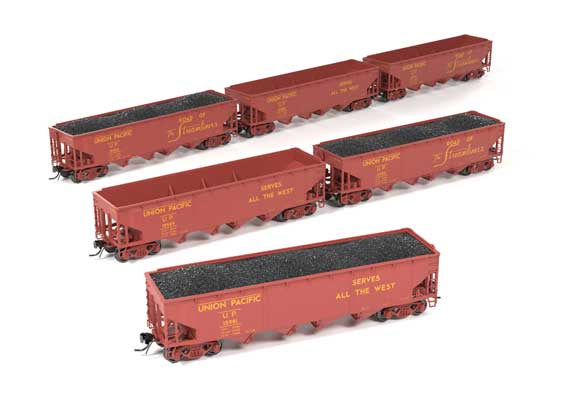 Broadway Limited HO ARA/AAR 70-Ton 4-Bay Hopper w/Load 6-Pack - Ready to Run -- Union Pacific Set A (Boxcar Red, yellow, Streamliners Slogan)