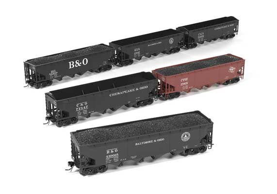 Broadway Limited HO ARA/AAR 70-Ton 4-Bay Hopper w/Load 6-Pack - Ready to Run -- Mixed - 3 Baltimore & Ohio, 2 Chesapeake & Ohio, 1 Milwaukee Road