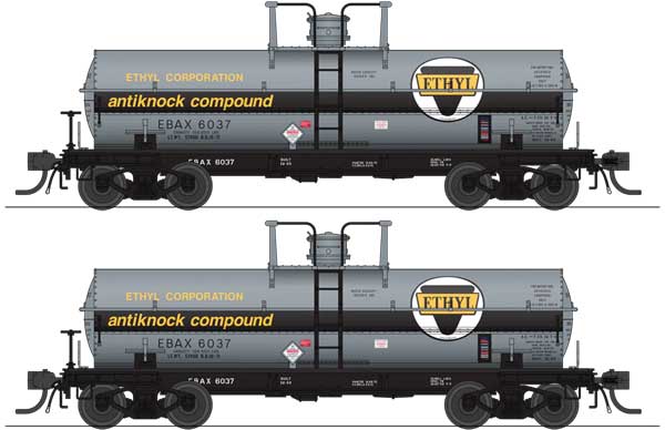 Broadway Limited HO 6000-Gallon Chlorine Tank Car 2-Pack - Ready to Run -- Ethyl Corporation EBAX #6022, 6023 (dark gray, black, yellow)