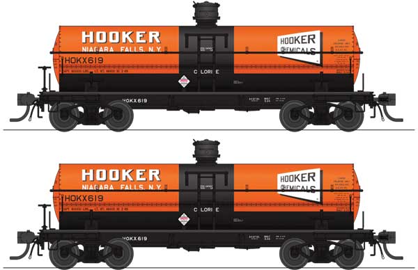 Broadway Limited HO 6000-Gallon Chlorine Tank Car 2-Pack - Ready to Run -- Hooker Chemical HOKX #688, 689 (Billboard Scheme, orange, black, white)