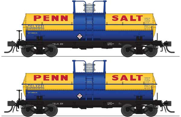 Broadway Limited HO 6000-Gallon Chlorine Tank Car 2-Pack - Ready to Run -- Penn Salt TELX #322, 323 (yellow, blue, red)