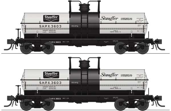 Broadway Limited HO 6000-Gallon Chlorine Tank Car 2-Pack - Ready to Run -- Stauffer Chemical SHPX #3505, 3506 (gray, black)