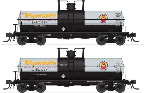 Broadway Limited HO 6000-Gallon Chlorine Tank Car 2-Pack - Ready to Run -- Wyandotte Chemical SHPX #1363, 1364 (aluminum, black, yellow, red)